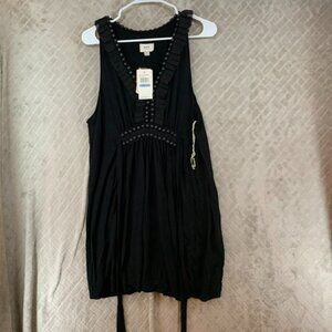 ECI New York Women XL Mini Dress Tunic Top Black Beaded Ruffle V Neck Sleeveless